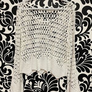 New White Crew Neck Sweater with Open-Knit Design, cotton